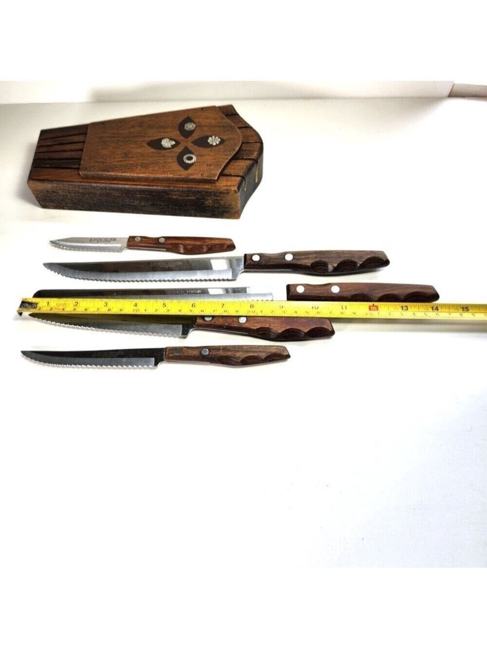 Vintage Imperial Japan Knife Block Hand Carved Inlaid Wood Wall Set 1960s MCM - Picture 8 of 11